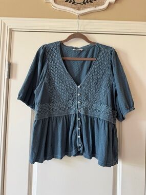 Lucky Brand Dusty Blue Crochet-Trim Button Front Blouse
